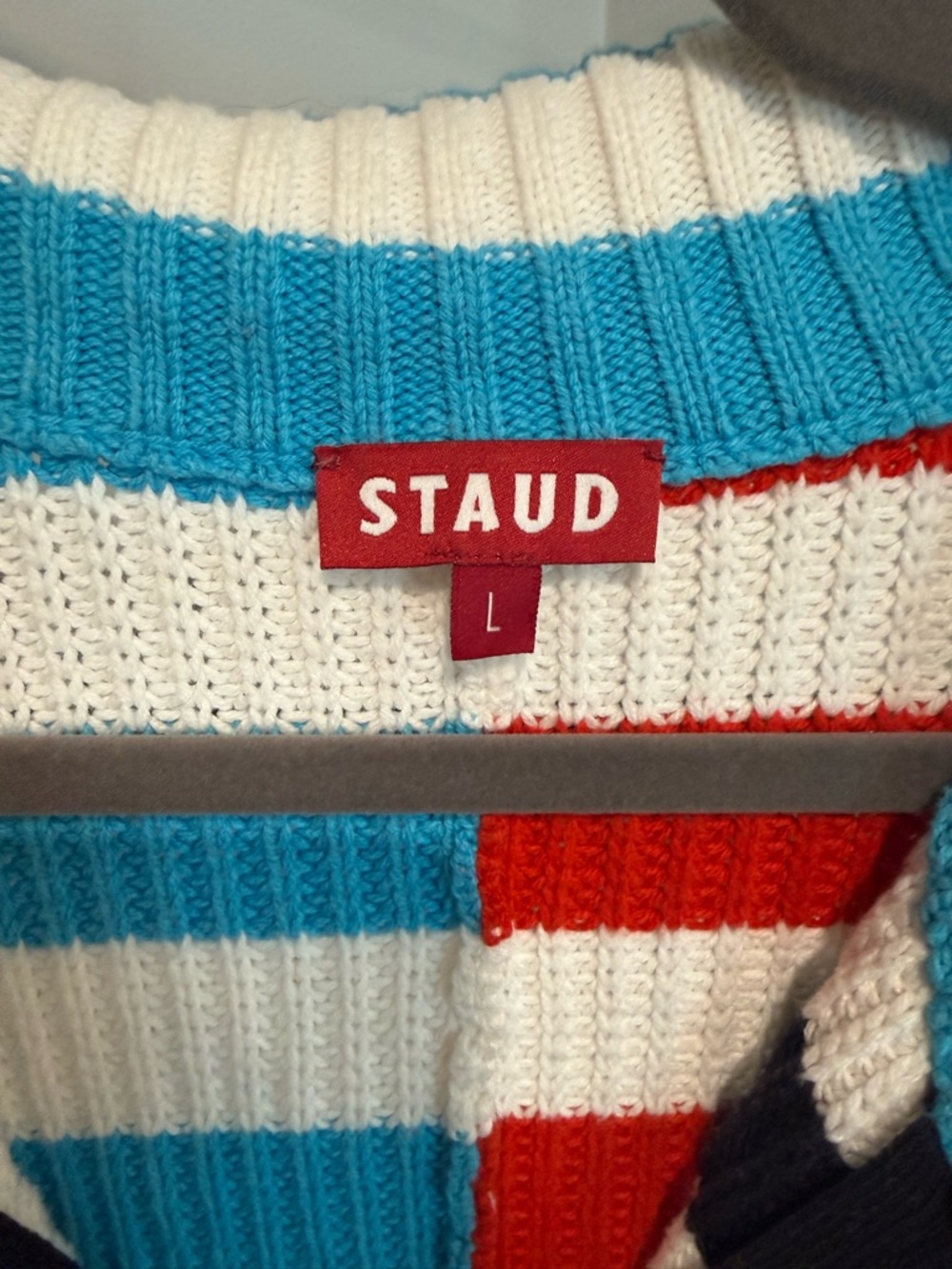 STAUD Women’s Oversized Hampton Striped Quarter-Zip Sweater in Blue, Red & White - Picture 2 of 4